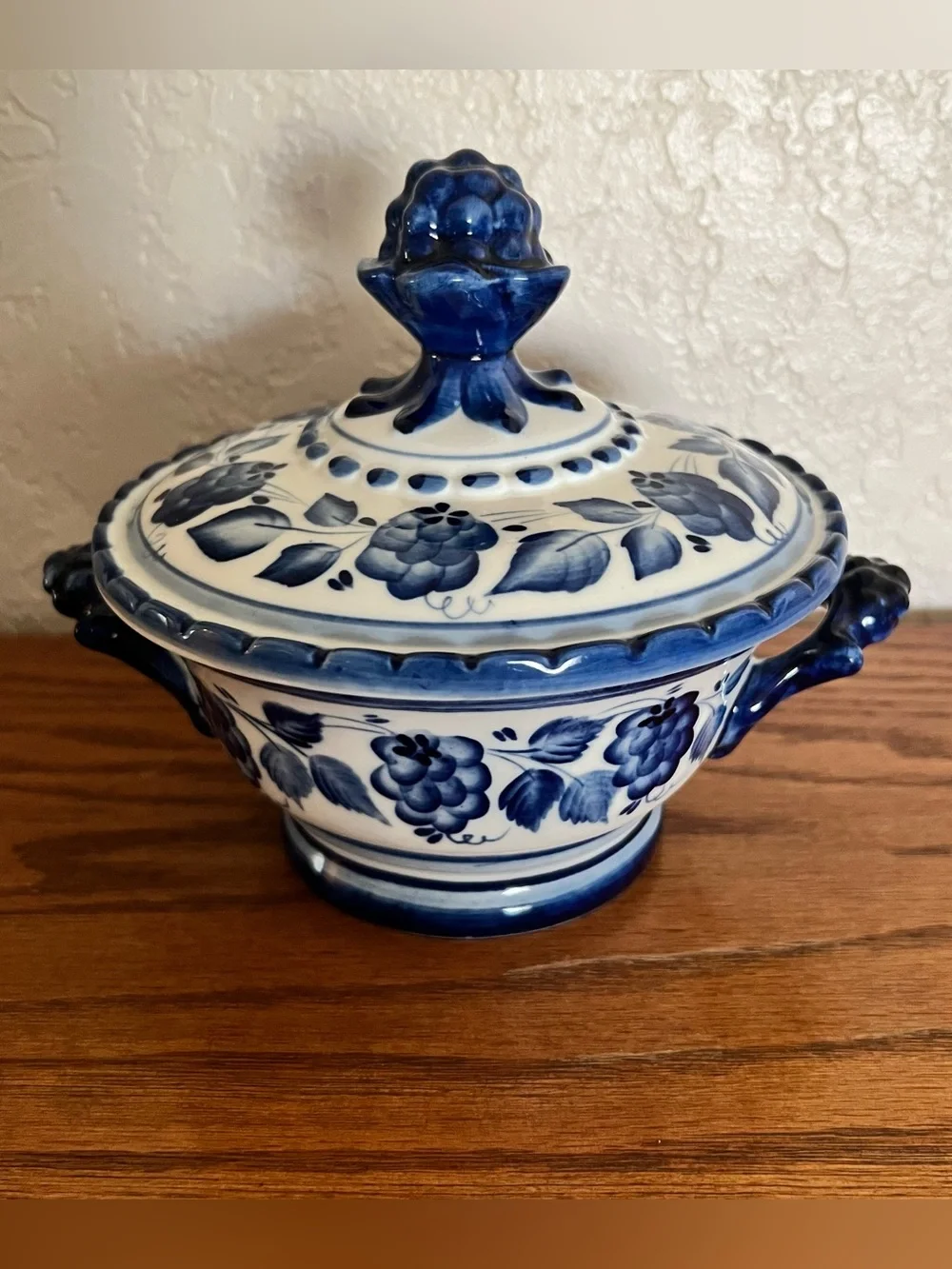Vintage Blue & White Russian Gzhel Sugar Bowl/Candy Dish